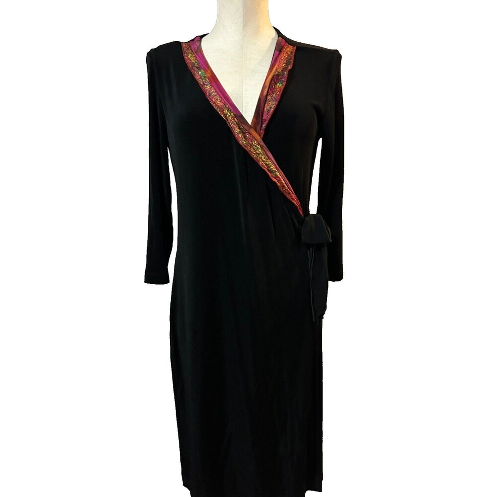Chico’s Travelers Women’s Vintage Made in USA Wrap Knit Midi Dress Silk Trim